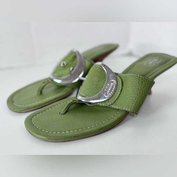 Dr Scholls Green Zodiac Leather Thong Kitten Heel Sandals Silver Buckle Size 8 - Picture 2 of 9